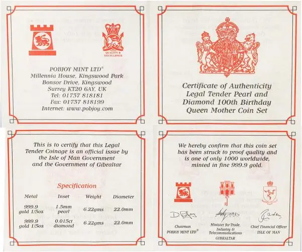 2000 Gold Proof Full Elizabeth II Pearl and Diamond 100th Birthday Queen Mother One Set With a 0.015ct Diamond  Coin Sets Isle of Man Pobjoy Mint 2 Coins Certs