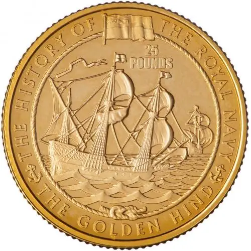 2003 Gold Proof History of The Royal Navy - Golden Hind £25  Coin Single Guernsey reverse