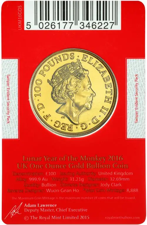 2016 Lunar 1 oz Gold 'Year of the Monkey' Bullion Coin - In Sleeve obverse chards image