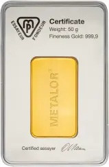 Cheap Metalor 50g gold bars in pre-owned condition reverse
