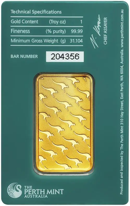 Gold 1 Ounce Perth Mint Green Certicard Bar obverse