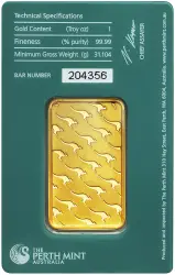 Gold 1 Ounce Perth Mint Green Certicard Bar obverse