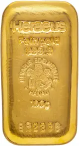 Gold 100g Cast Bar Heraeus - Pre-Owned