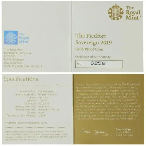 2019 Gold Proof Piedfort Sovereign Coin certificate