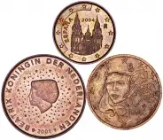 Ordinary Circulation Copper Euro Cent 5-Coin Bundle