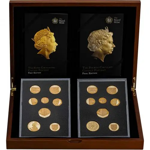 2015 Definitive Coinage Portrait Collection Gold Proof Elizabeth II Fourth and Fifth Pound Sterling Coin With Box with Cert United Kingdom The Royal Mint 16 Coins Fourth Portrait reverse Display