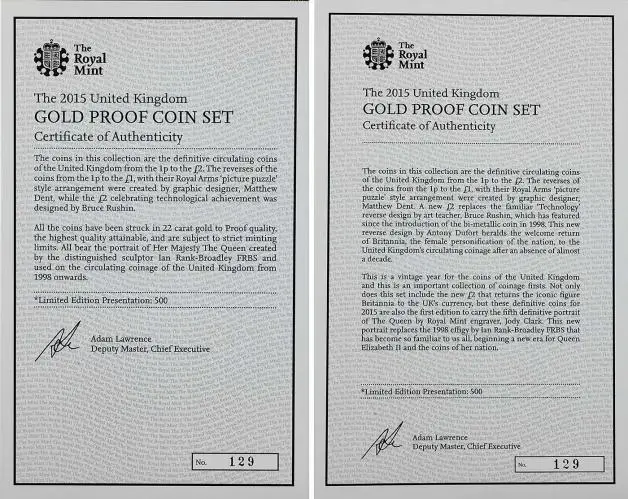 2015 Definitive Coinage Portrait Collection Gold Proof Elizabeth II Fourth and Fifth Pound Sterling Coin With Box with Cert United Kingdom The Royal Mint 16 Coins front of cert