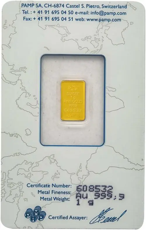Pre-Owned Switzerland 1g Fortuna Gold Bullion Bar - Large Card Reverse