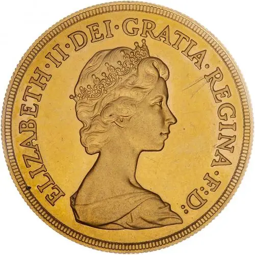 1981 Gold Proof Quintuple Sovereign Elizabeth II £5  Coin Single The Royal Mint Grade C obverse
