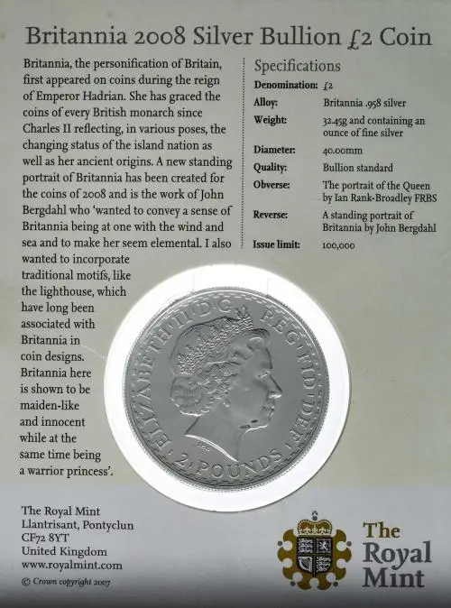2008 Silver Bullion 1 Ounce Britannia Coin In Sleeve obverse